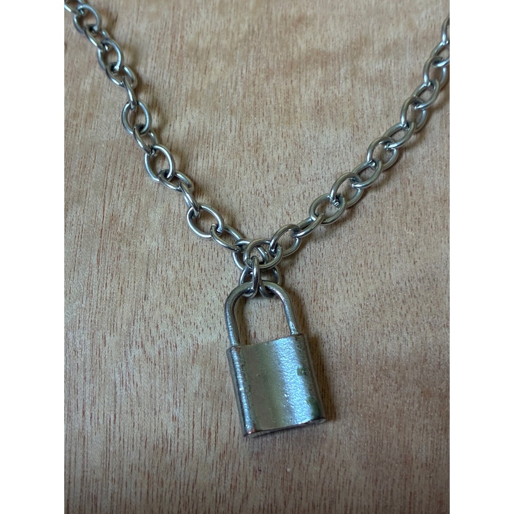 Silver Tone Padlock Pendant Necklace Chunky Rolo Link Chain Lock Statement